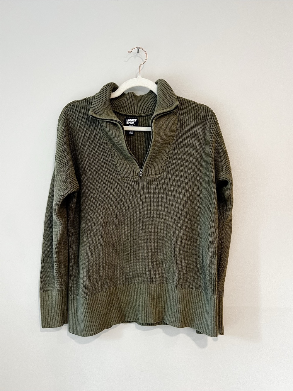 Lands' End Drifter Women’s Olive Green Half-Zip Ribbed Sweater 100% cotton Sz M